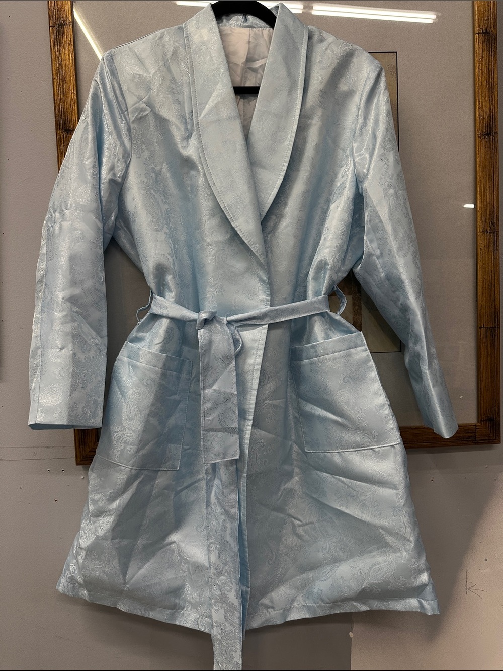 Light Blue Satin Shawl-Collar Robe/ smoking jacket
